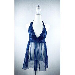 VIctorias Secret Gown Womens Medium Blue Lace Mesh Halter Babydoll Sheer